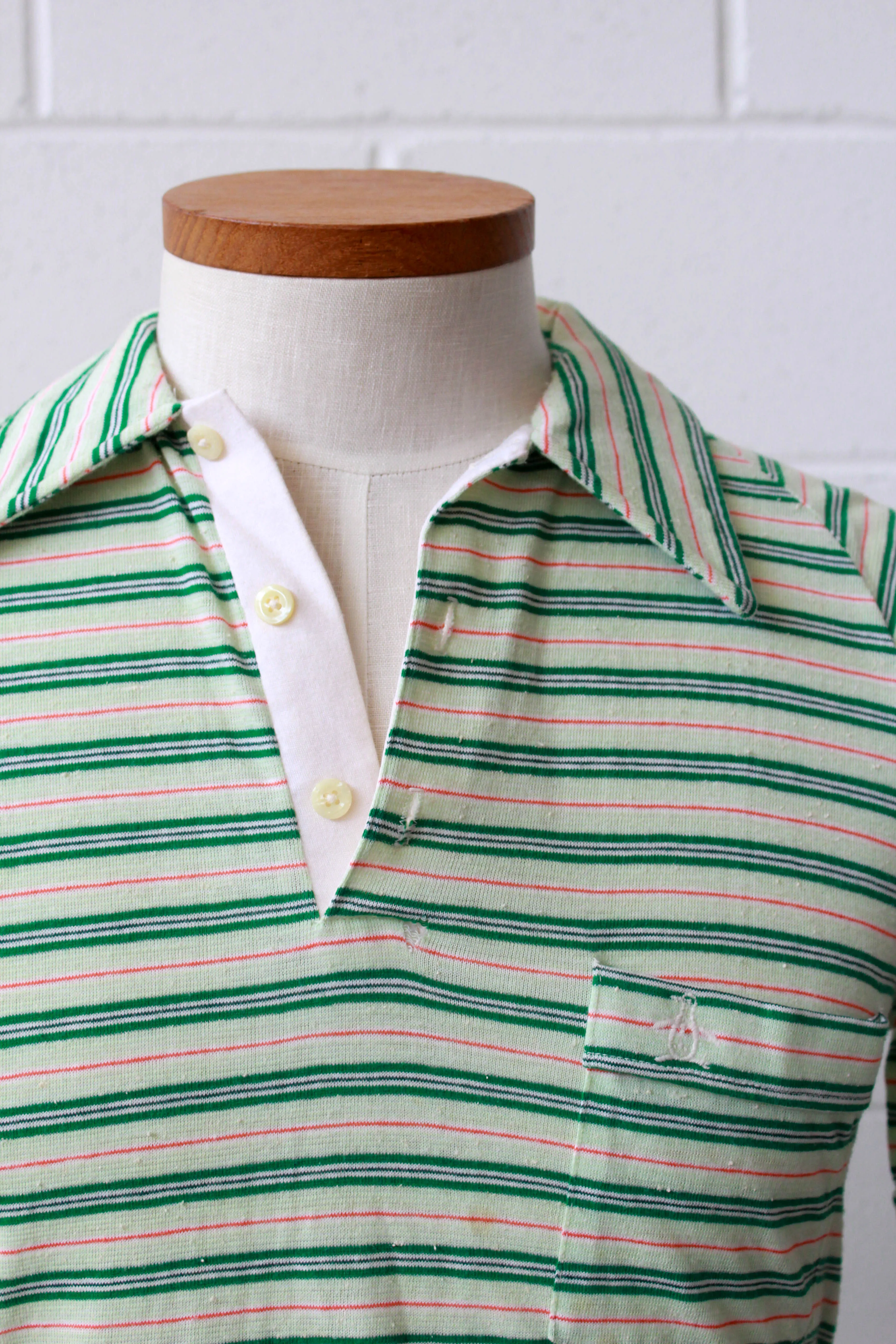 1970s Green and White Striped Knit Polo, Medium