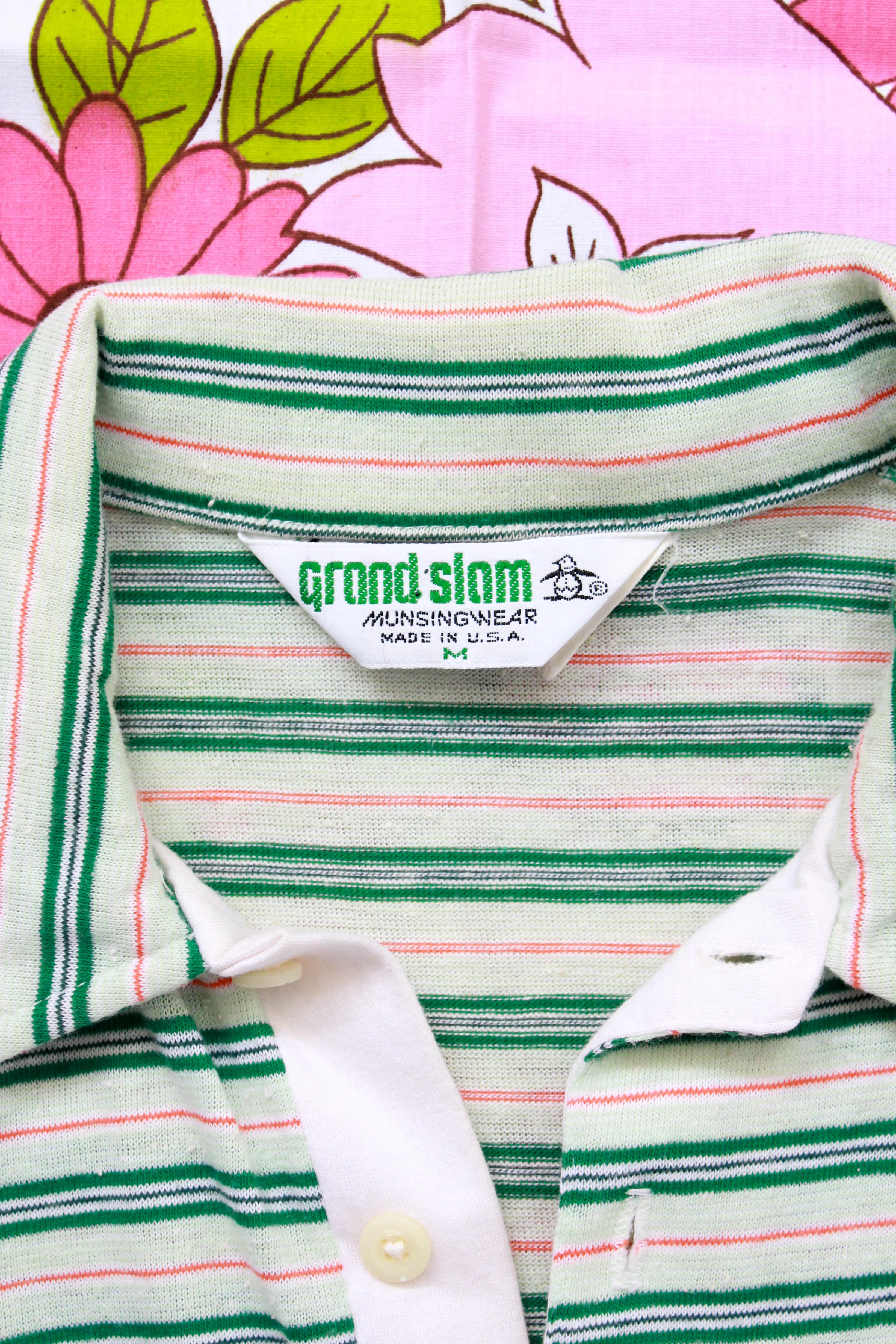 1970s Green and White Striped Knit Polo, Medium