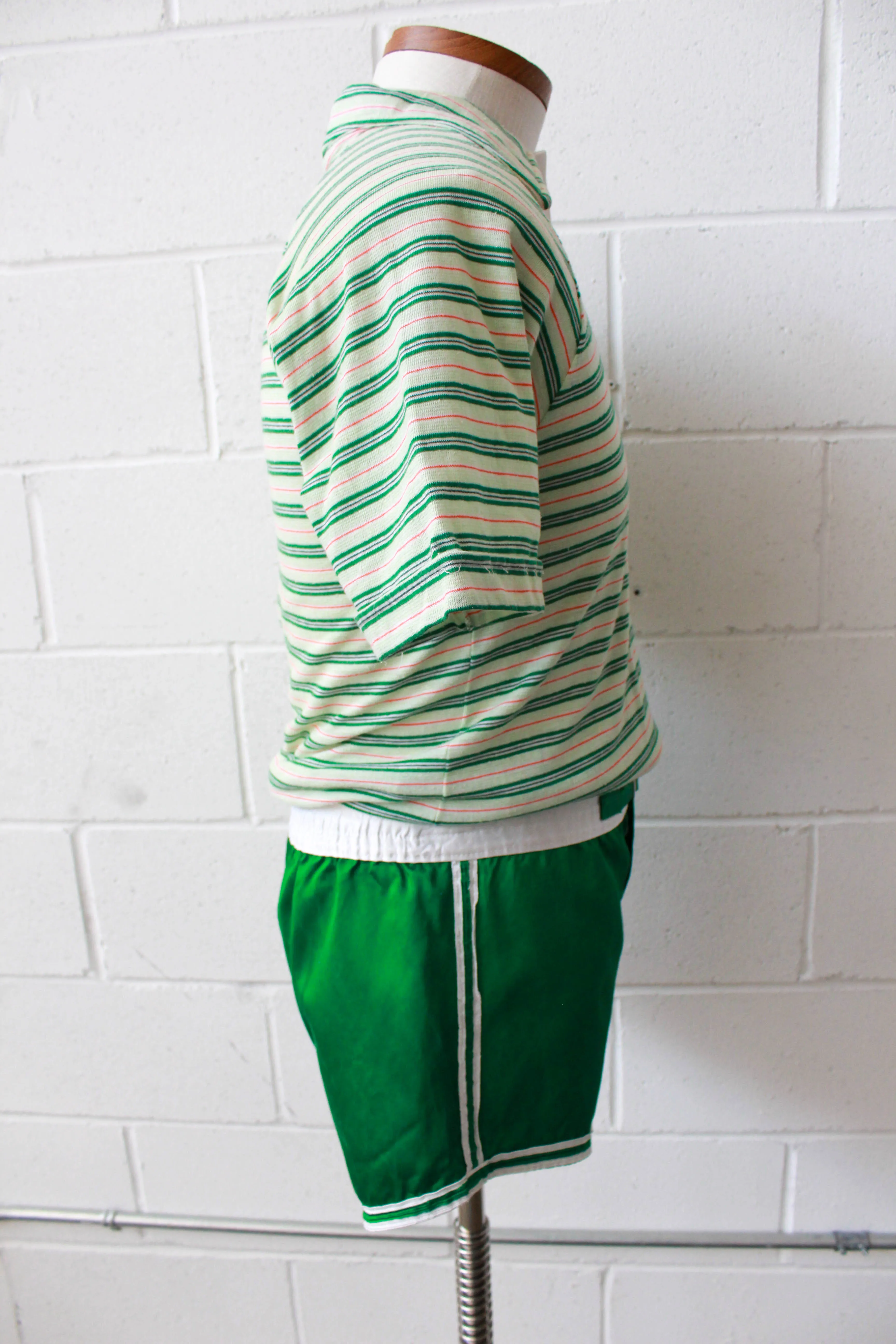 1970s Green and White Striped Knit Polo, Medium