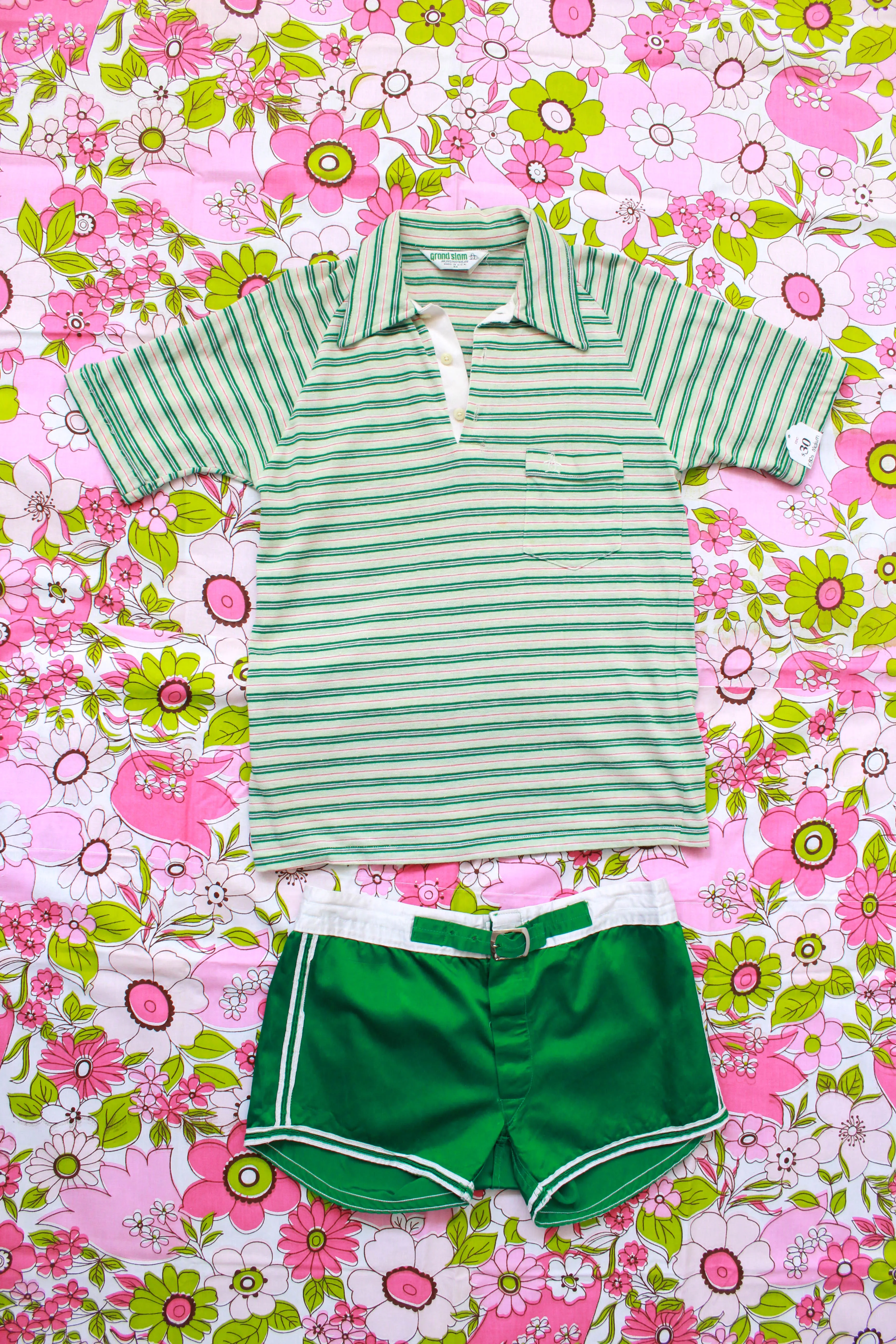 1970s Green and White Striped Knit Polo, Medium