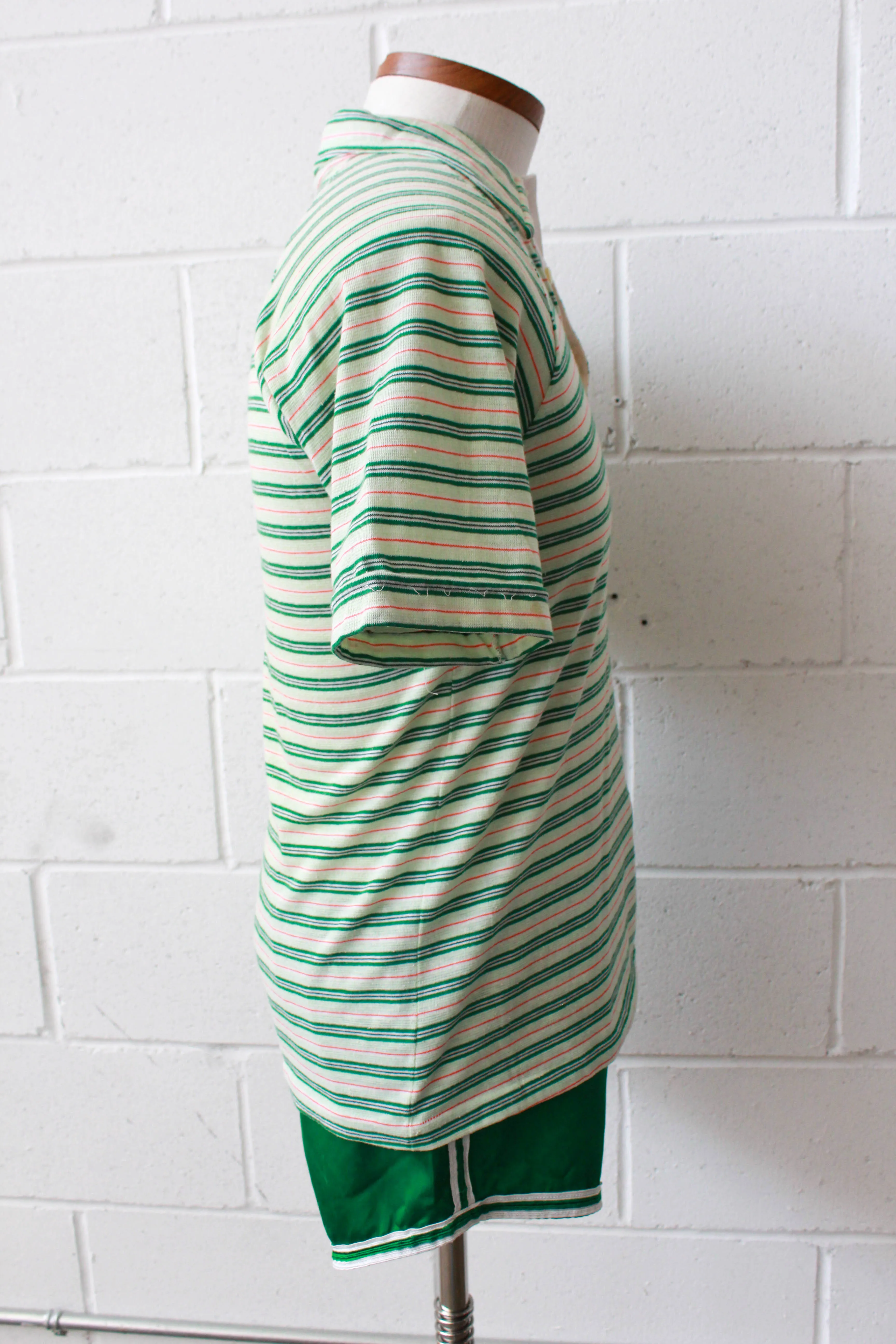 1970s Green and White Striped Knit Polo, Medium