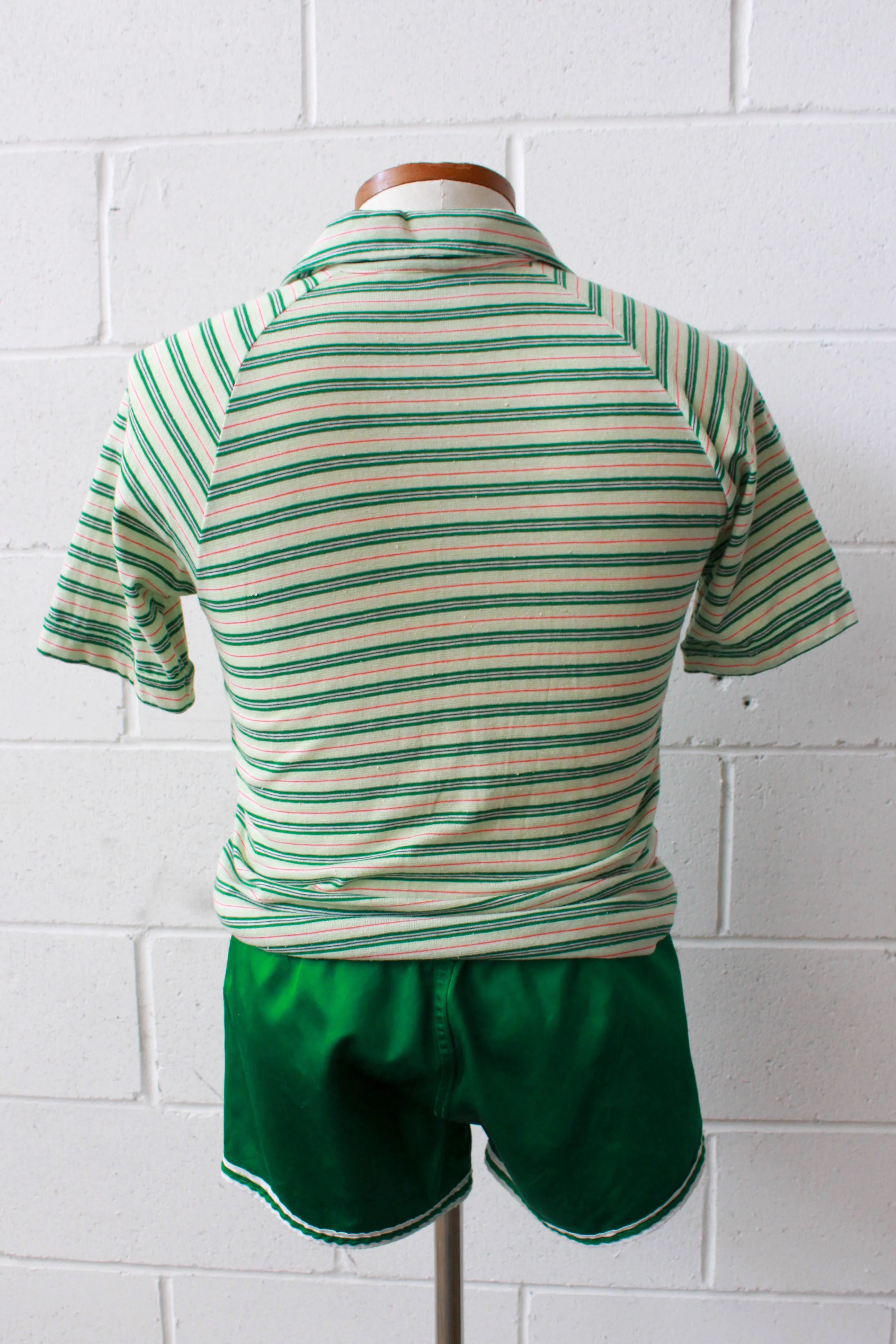 1970s Green and White Striped Knit Polo, Medium