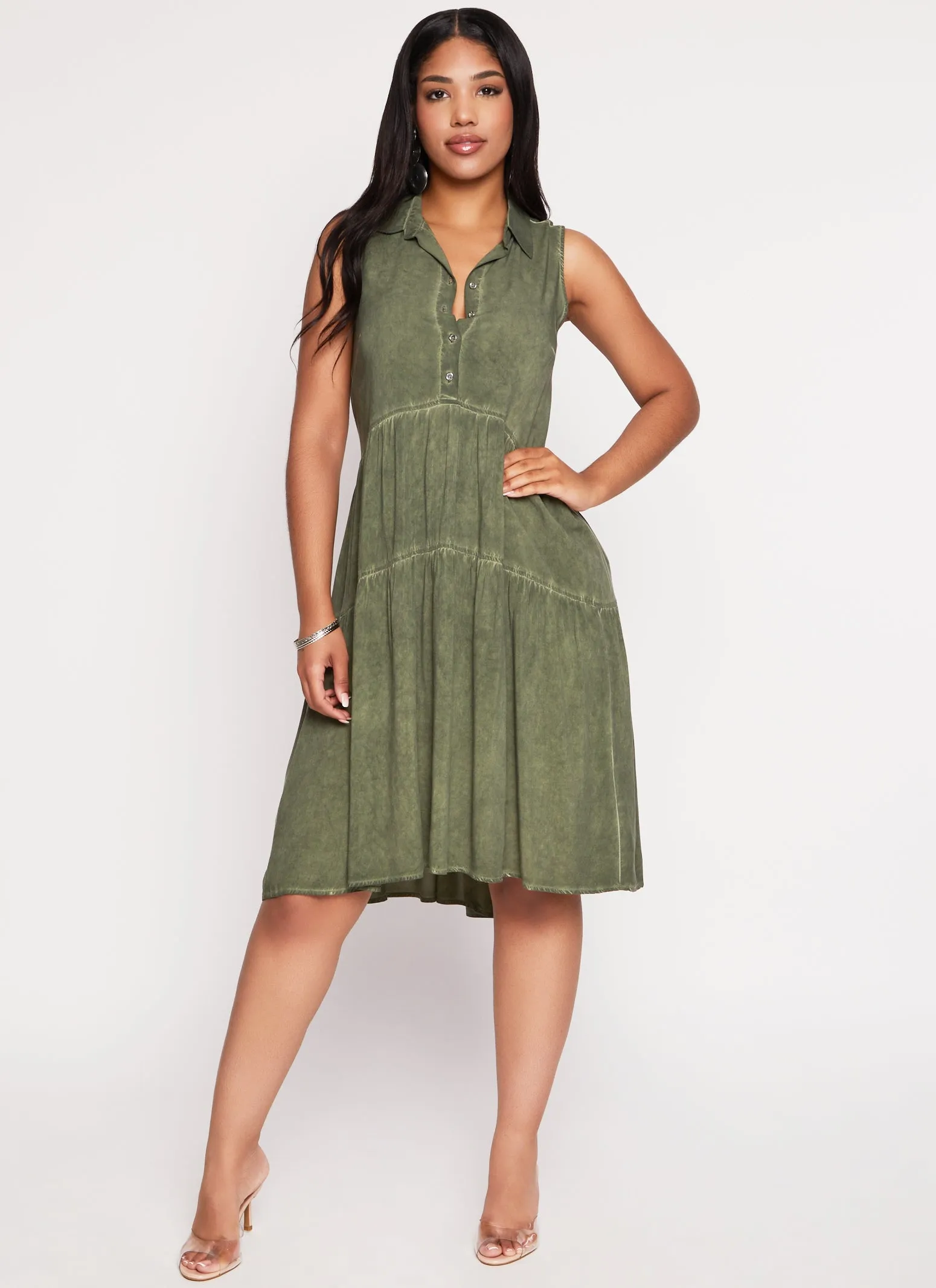 Acid Wash Snap Button Tiered Midi Dress