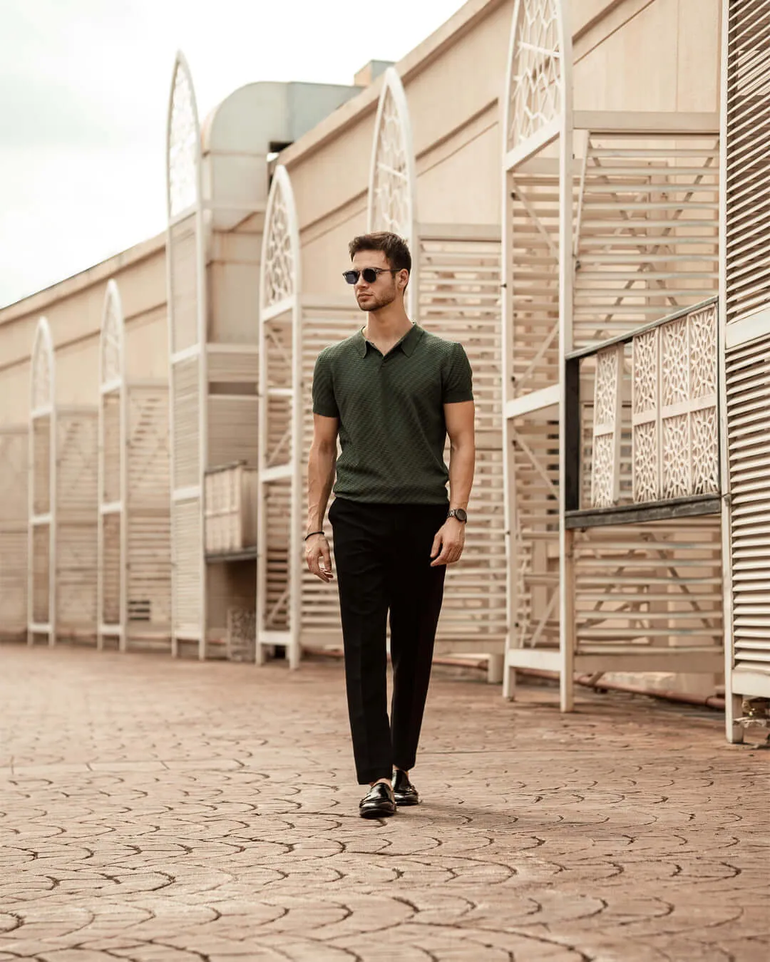 Basketweave Knit Polo Tee - Forest Green