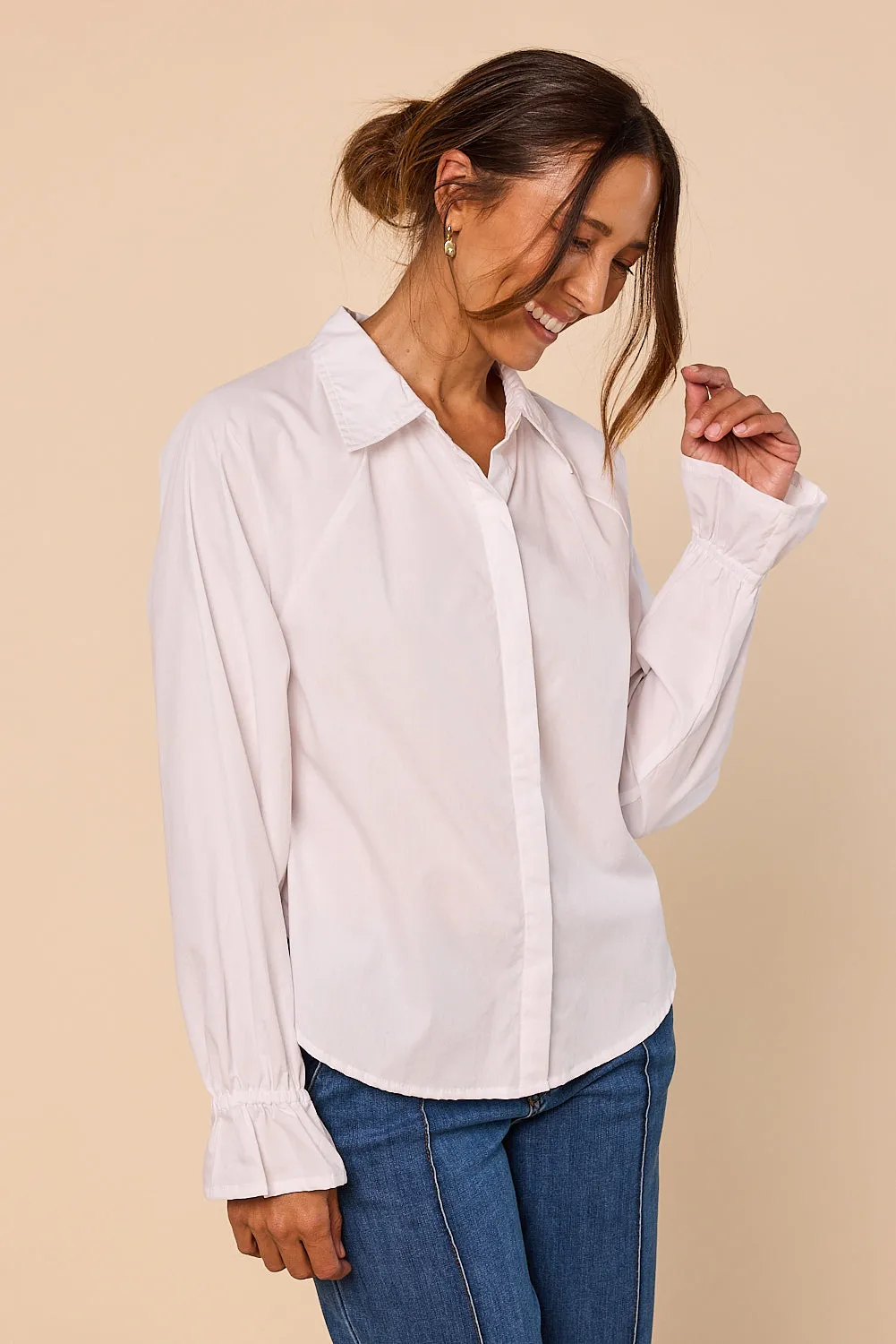 Ebony Frill Cuff Top in White