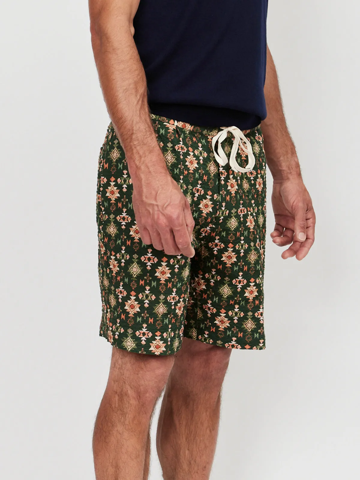 Green Aztec Print Seersucker Stretch Shorts