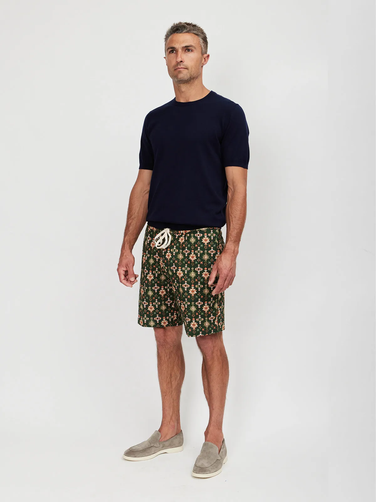 Green Aztec Print Seersucker Stretch Shorts