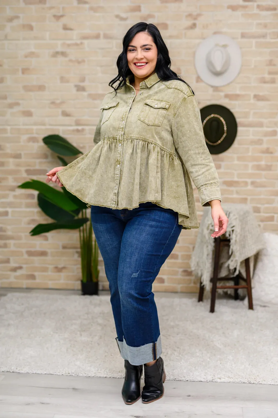 Green Tea Button Up Long Sleeve Top in Olive