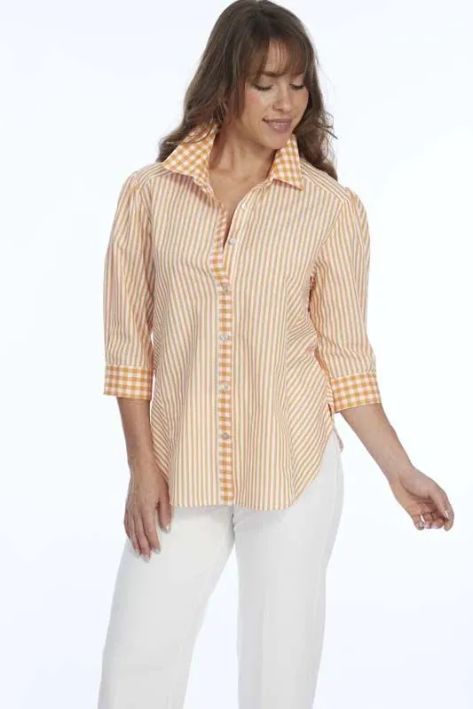 Heidi Stripe bottom Front Check Combo Shirt - Orange/White