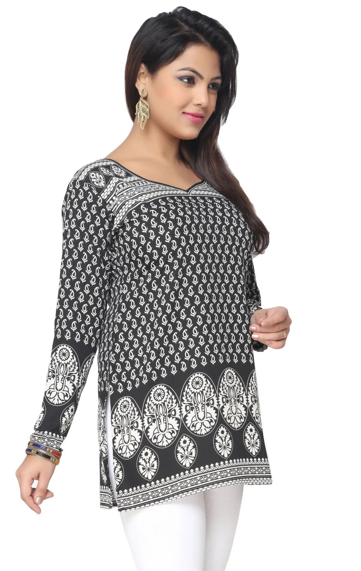 India Short Kurti Women's Kurta Printed Indian Clothing (Black)