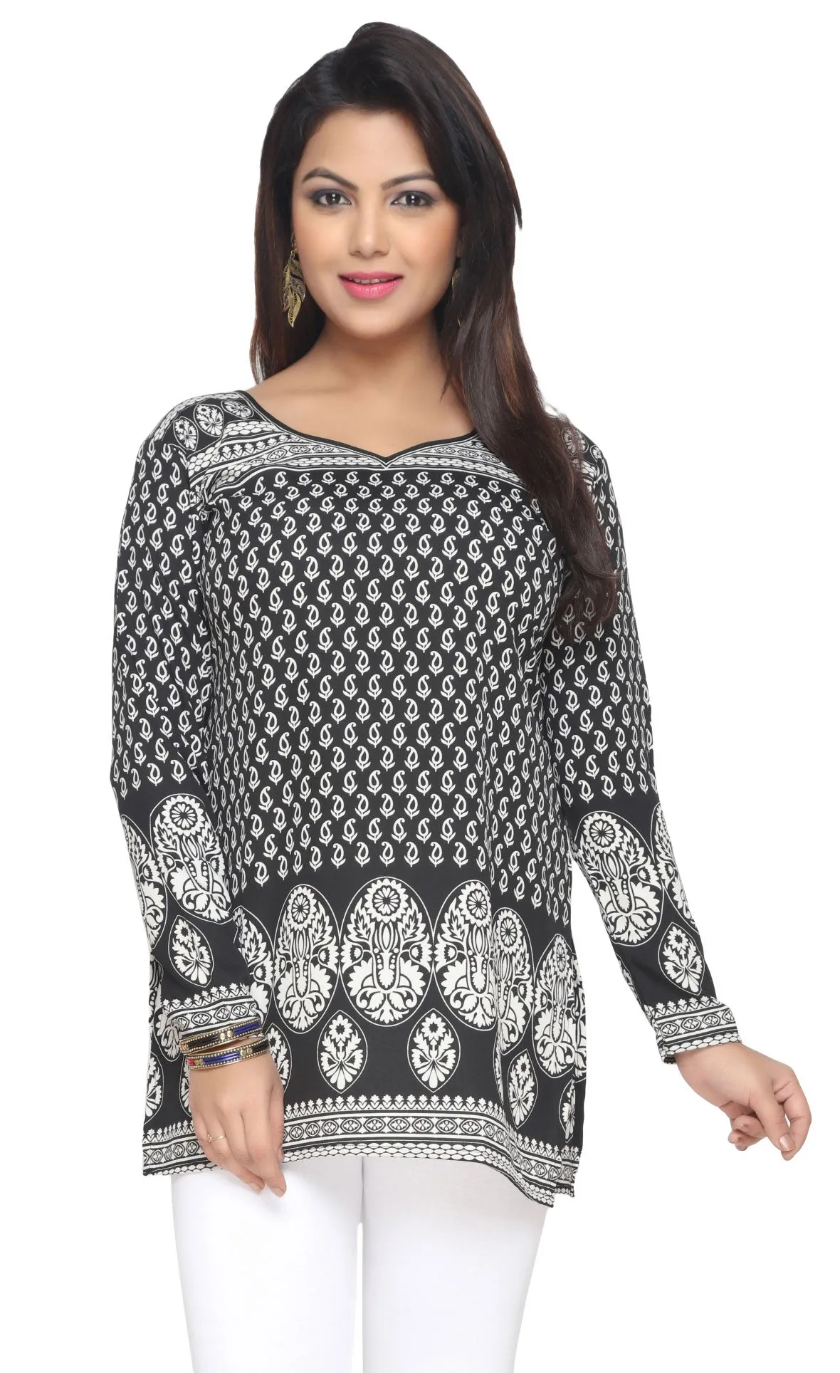 India Short Kurti Women's Kurta Printed Indian Clothing (Black)