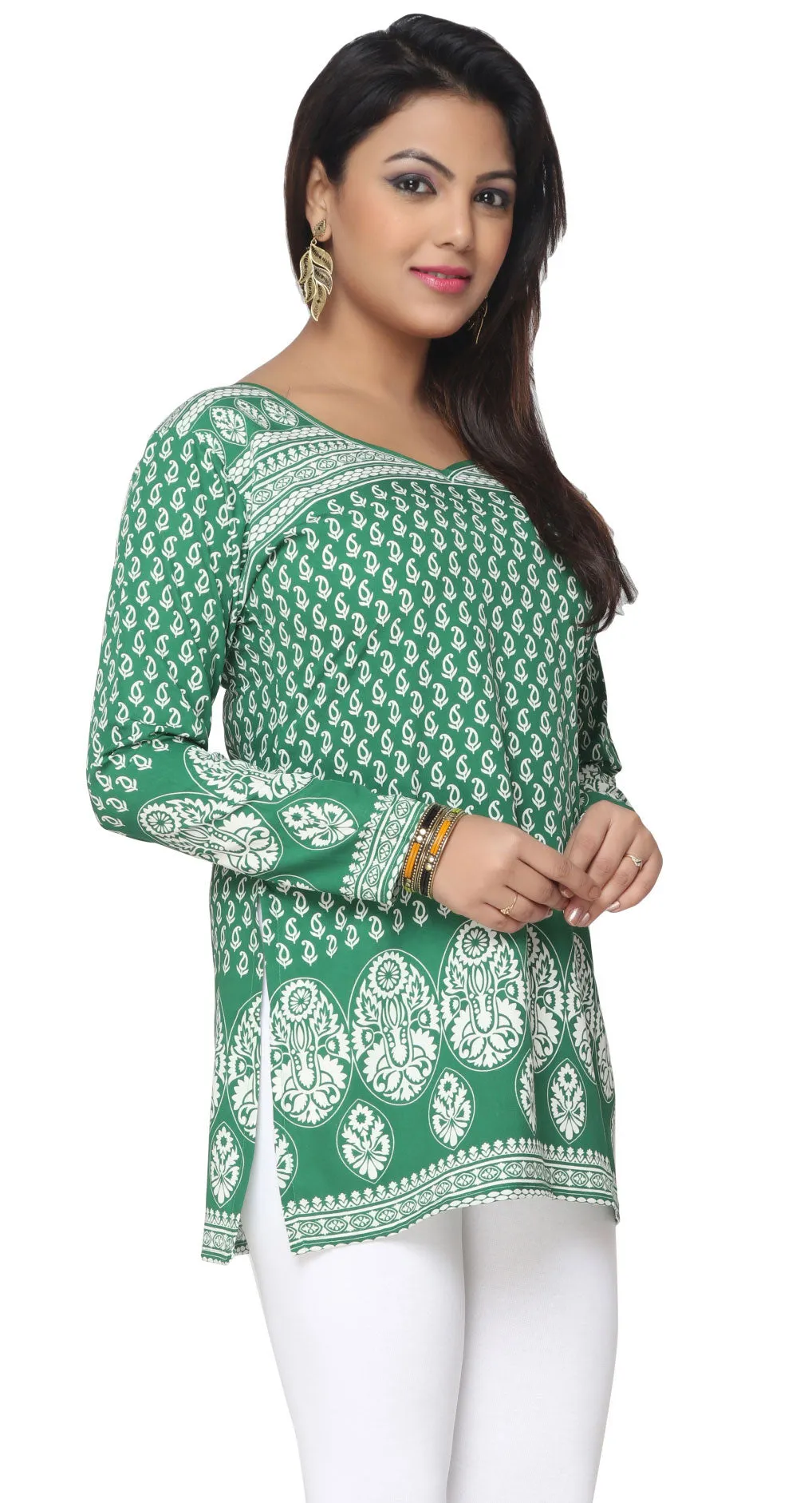 India Short Kurti Women's Kurta Printed Indian Clothing (Green)