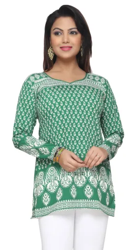 India Short Kurti Women's Kurta Printed Indian Clothing (Green)