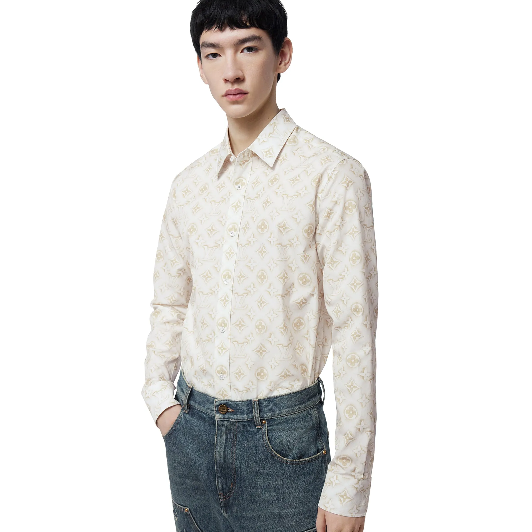 Louis Vuitton Monogram Long-Sleeved Cotton Shirt White