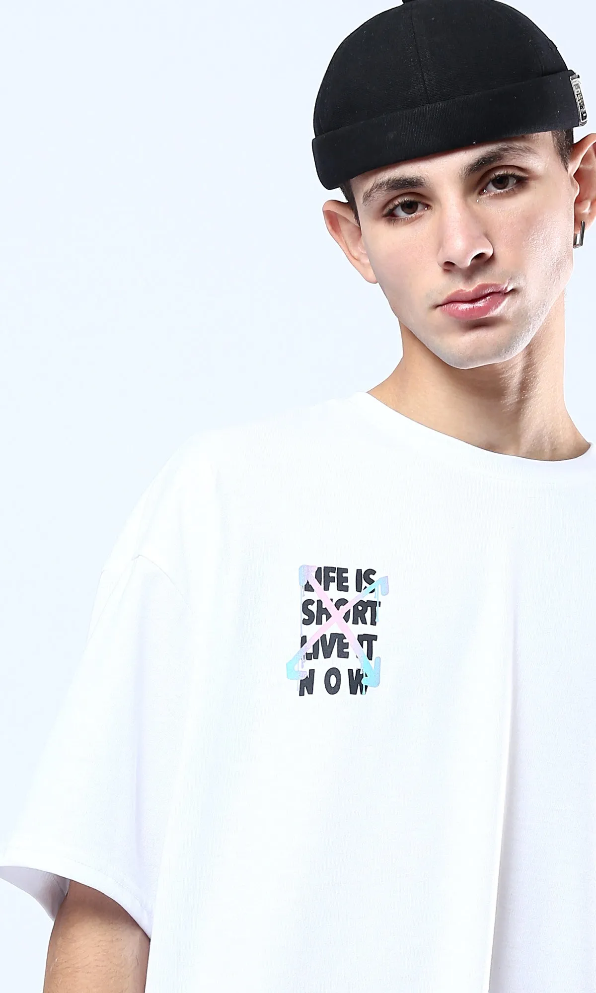 O178407 Slip On Crew Neck Printed White Tee