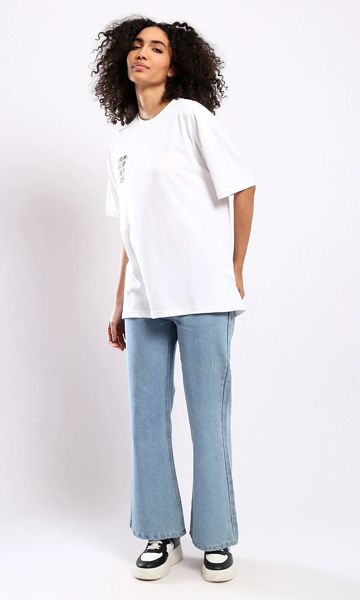 O178407 Slip On Crew Neck Printed White Tee