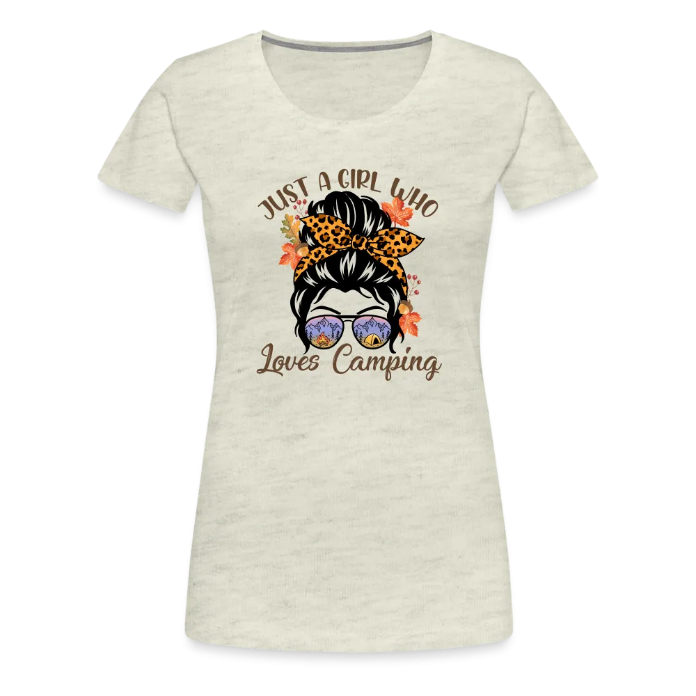 OutdoorWhirl: 'Just a Girl Who Loves Camping' Women's T-Shirt for Nature Enthusiasts