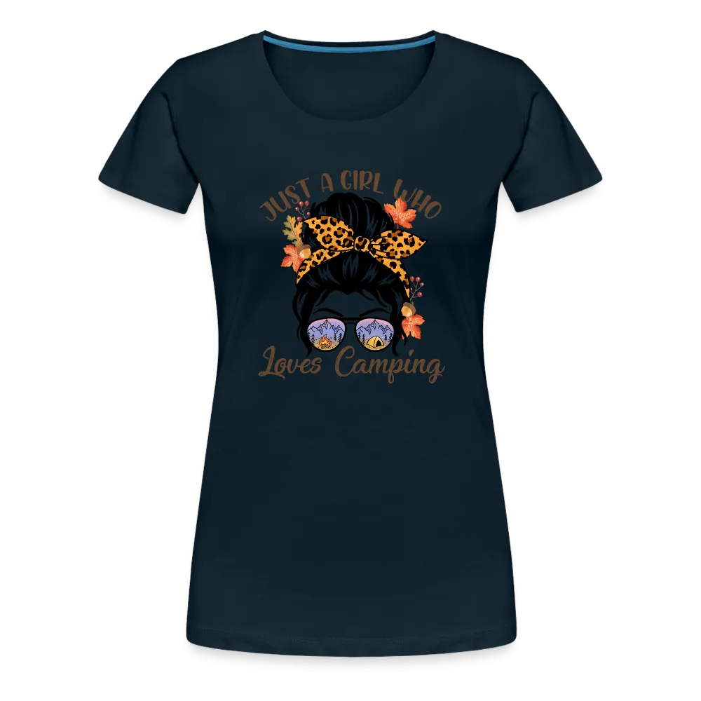 OutdoorWhirl: 'Just a Girl Who Loves Camping' Women's T-Shirt for Nature Enthusiasts