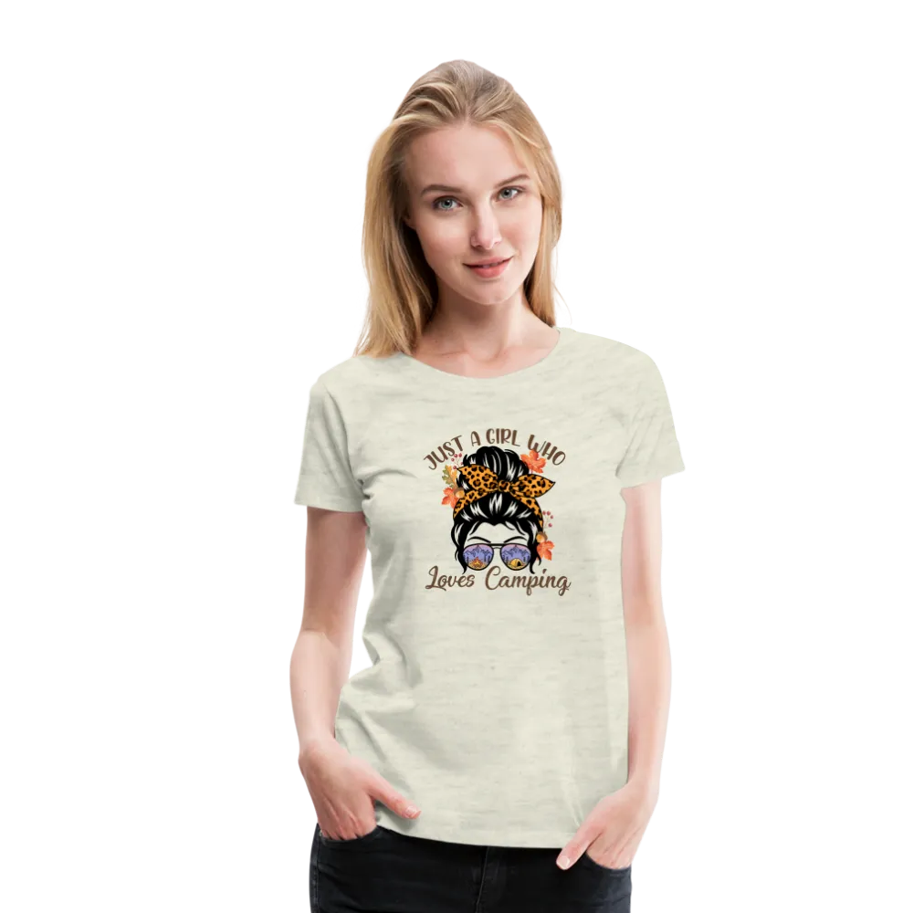 OutdoorWhirl: 'Just a Girl Who Loves Camping' Women's T-Shirt for Nature Enthusiasts