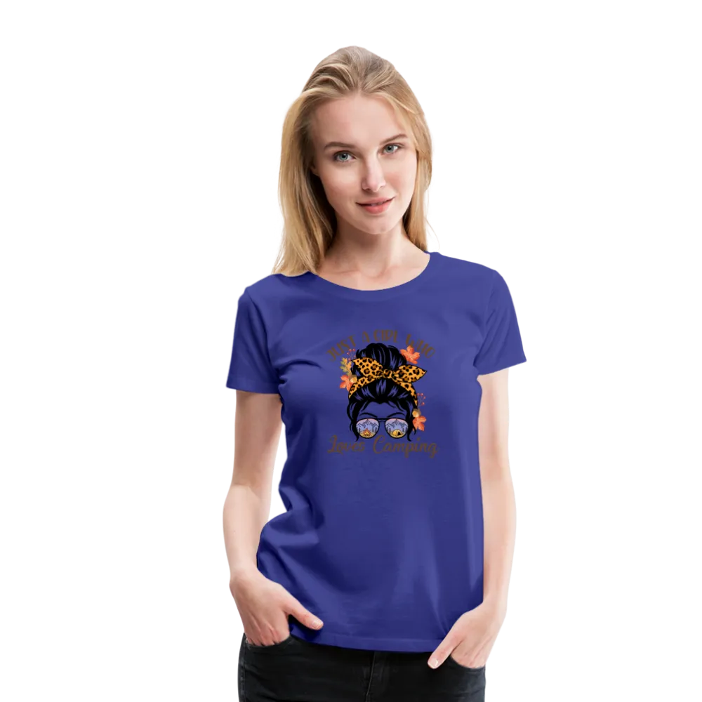 OutdoorWhirl: 'Just a Girl Who Loves Camping' Women's T-Shirt for Nature Enthusiasts