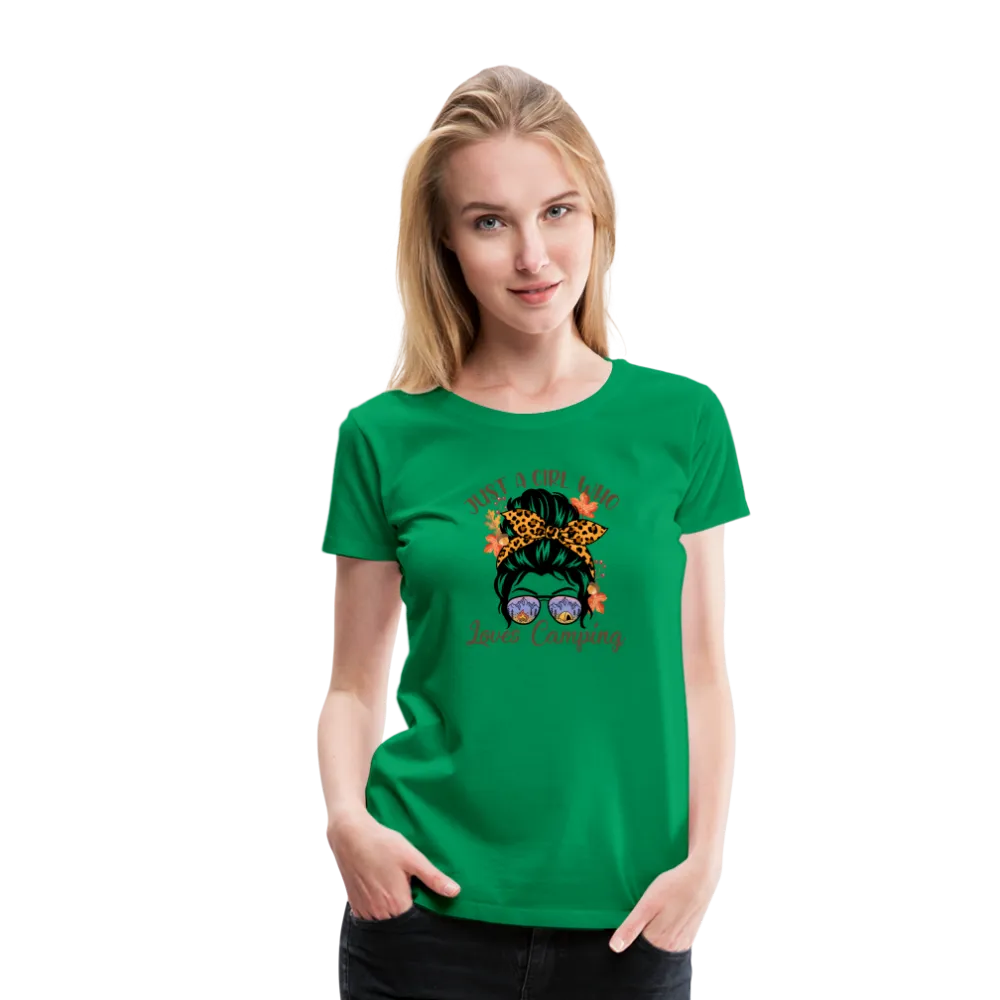 OutdoorWhirl: 'Just a Girl Who Loves Camping' Women's T-Shirt for Nature Enthusiasts