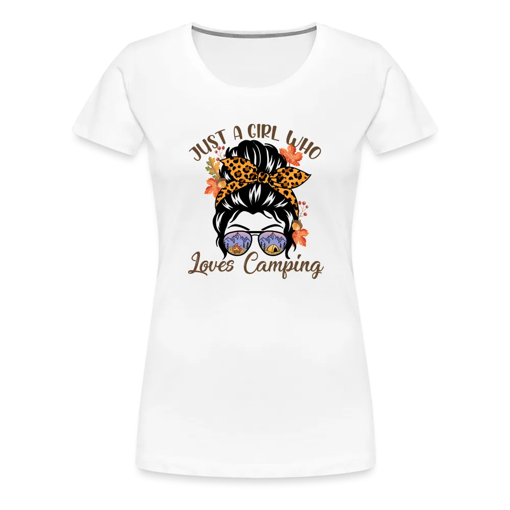 OutdoorWhirl: 'Just a Girl Who Loves Camping' Women's T-Shirt for Nature Enthusiasts