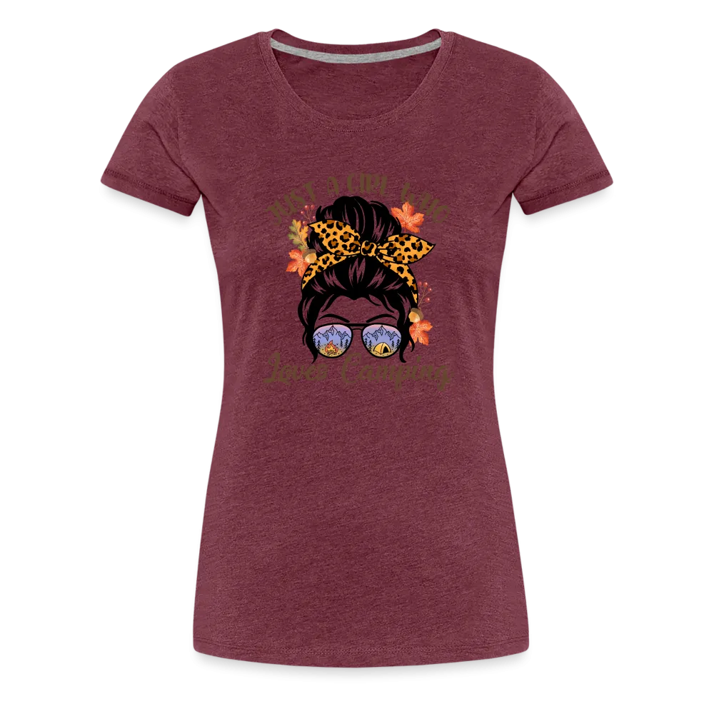 OutdoorWhirl: 'Just a Girl Who Loves Camping' Women's T-Shirt for Nature Enthusiasts