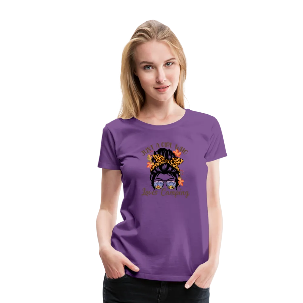 OutdoorWhirl: 'Just a Girl Who Loves Camping' Women's T-Shirt for Nature Enthusiasts