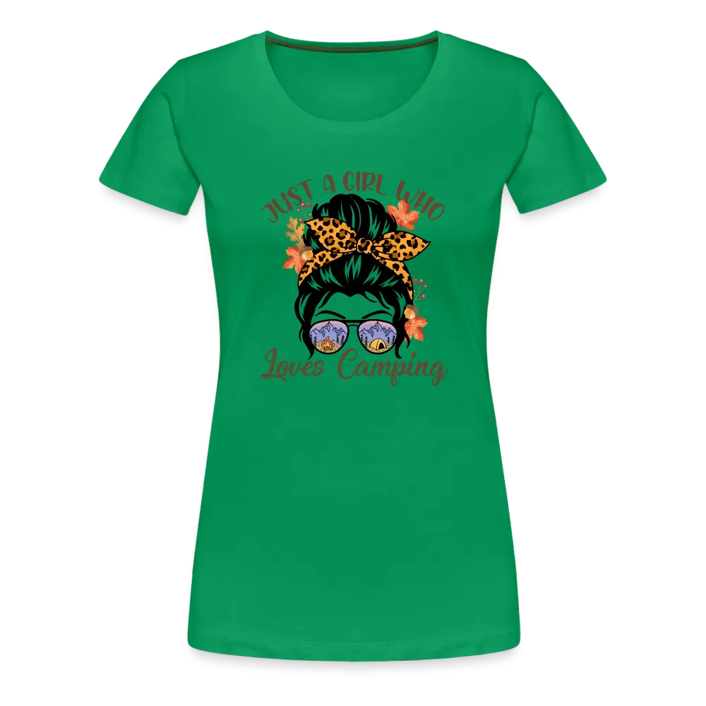 OutdoorWhirl: 'Just a Girl Who Loves Camping' Women's T-Shirt for Nature Enthusiasts