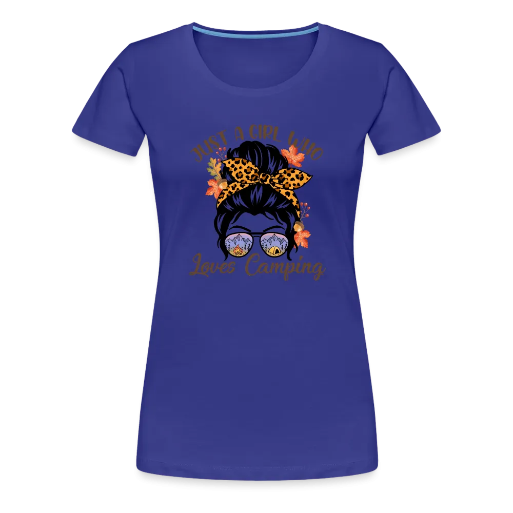 OutdoorWhirl: 'Just a Girl Who Loves Camping' Women's T-Shirt for Nature Enthusiasts