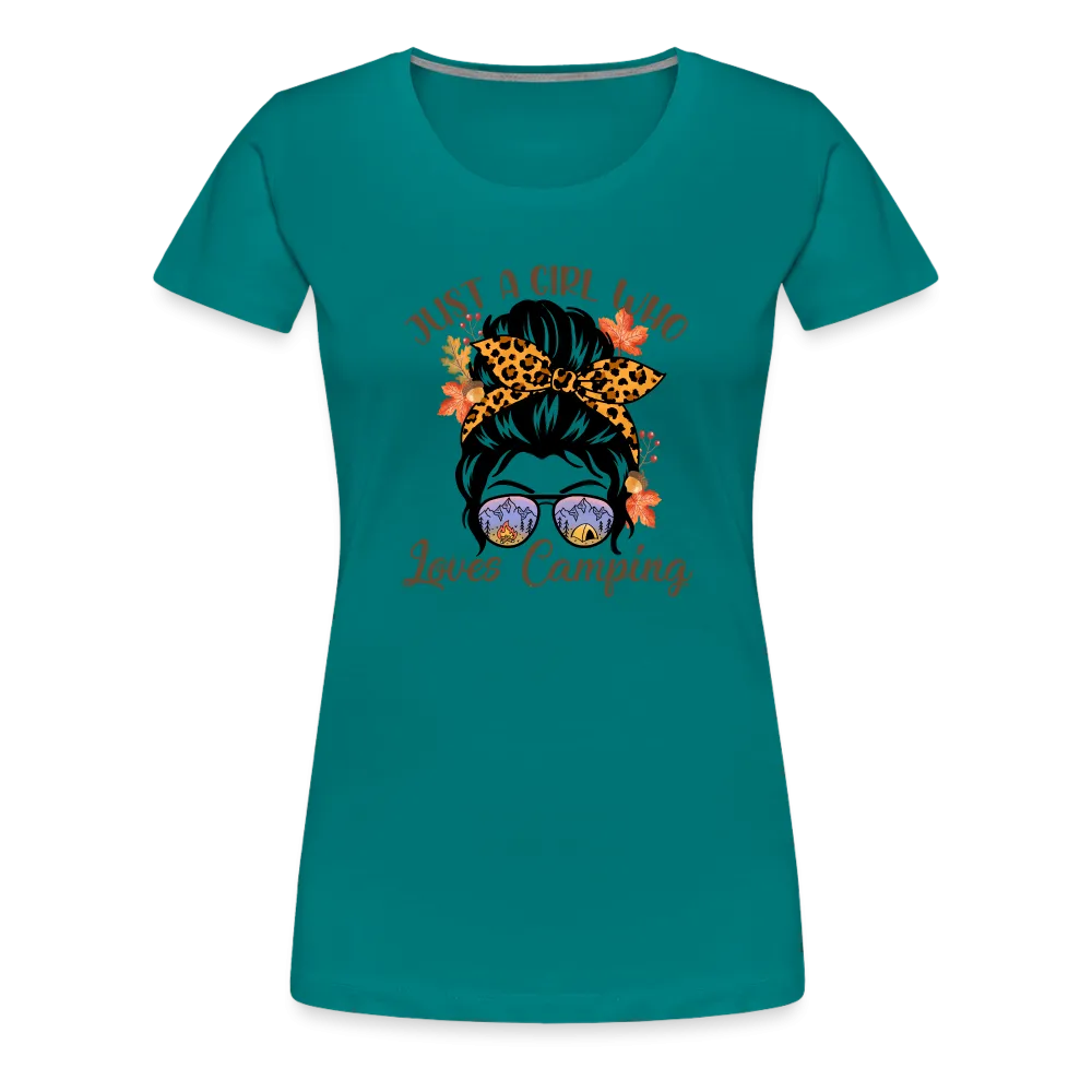 OutdoorWhirl: 'Just a Girl Who Loves Camping' Women's T-Shirt for Nature Enthusiasts