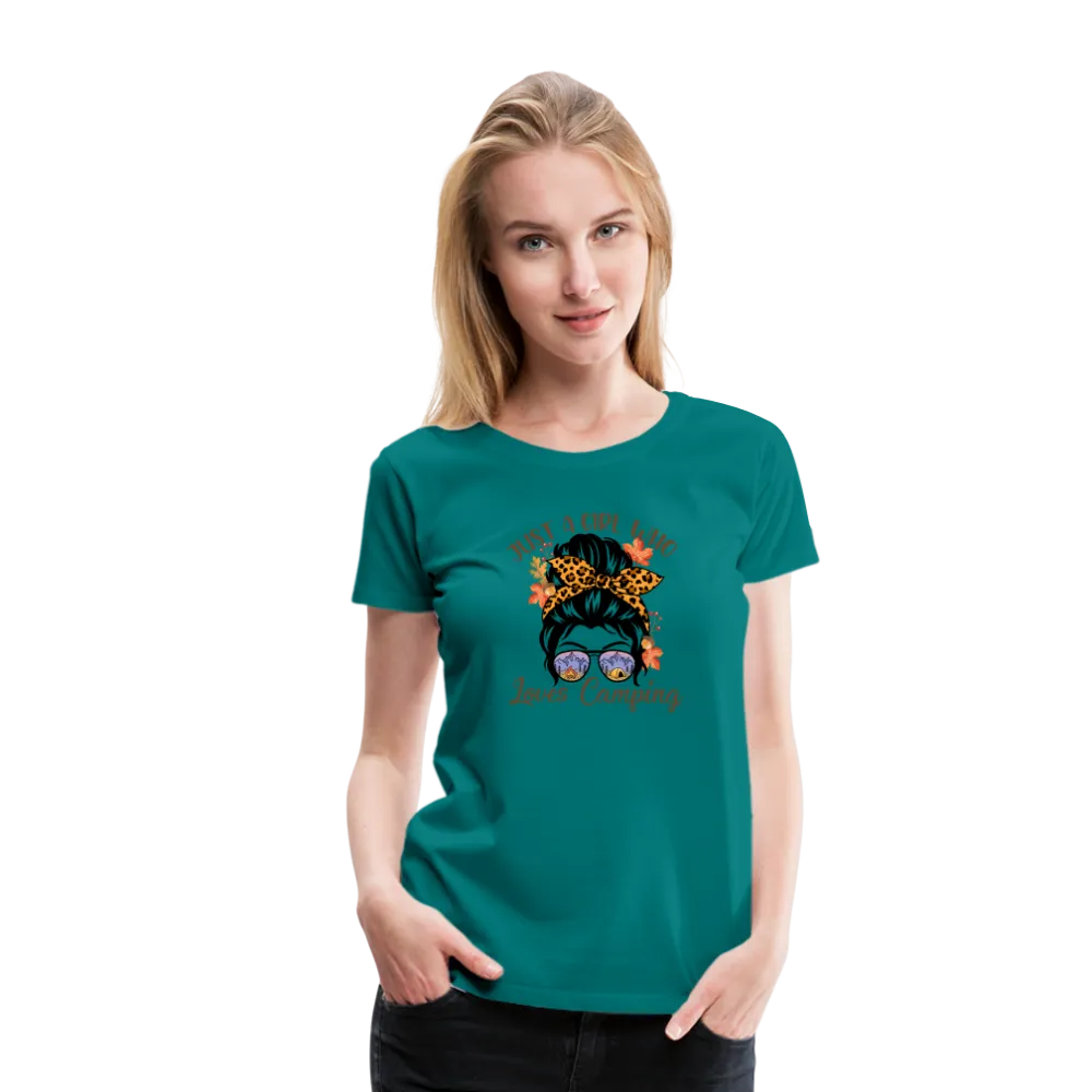 OutdoorWhirl: 'Just a Girl Who Loves Camping' Women's T-Shirt for Nature Enthusiasts