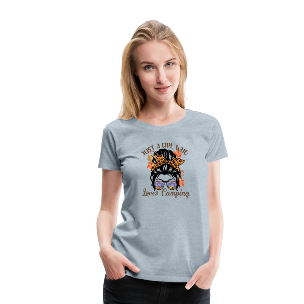 OutdoorWhirl: 'Just a Girl Who Loves Camping' Women's T-Shirt for Nature Enthusiasts