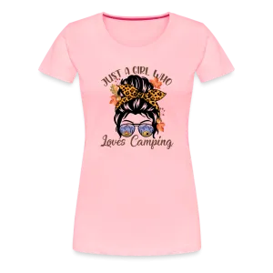 OutdoorWhirl: 'Just a Girl Who Loves Camping' Women's T-Shirt for Nature Enthusiasts