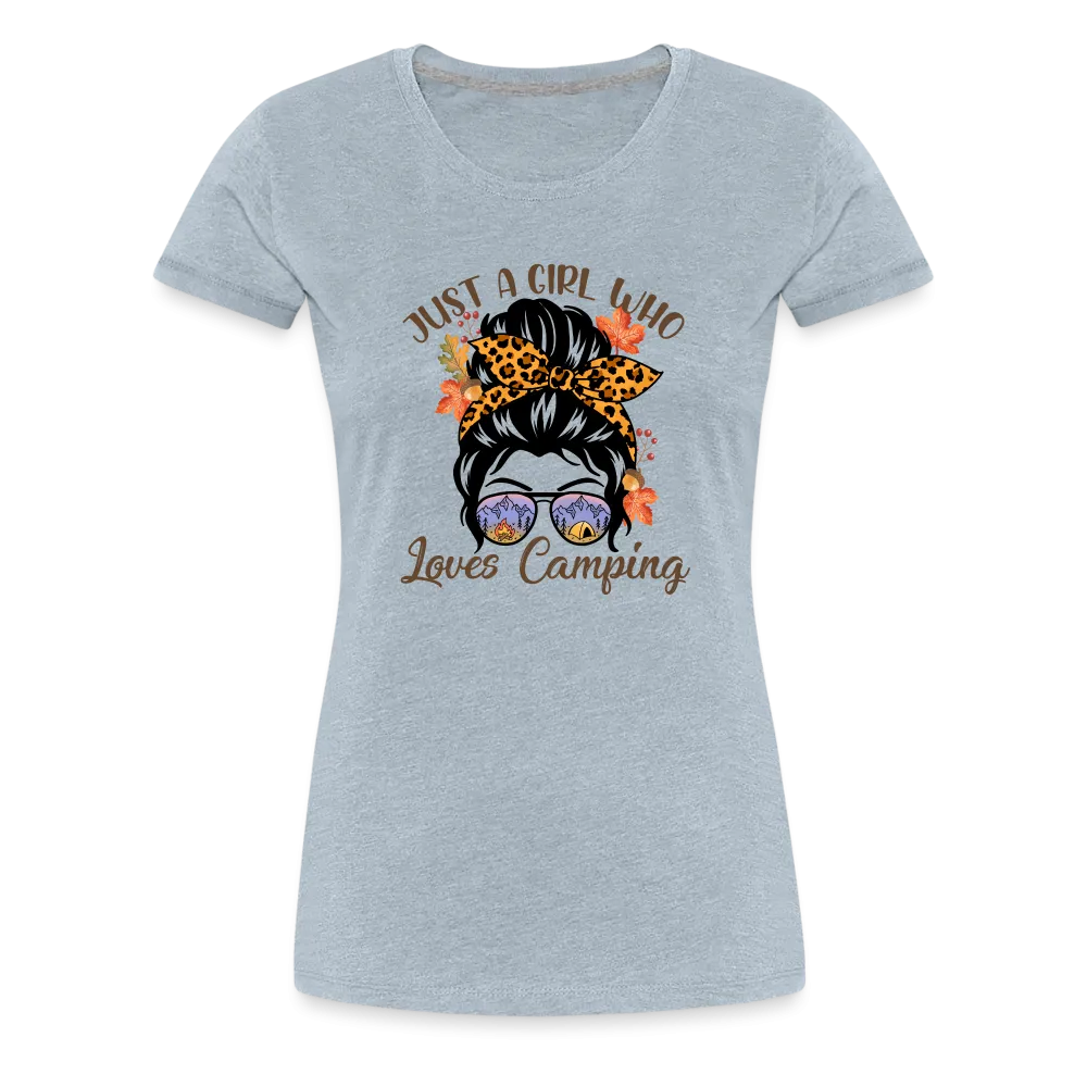 OutdoorWhirl: 'Just a Girl Who Loves Camping' Women's T-Shirt for Nature Enthusiasts