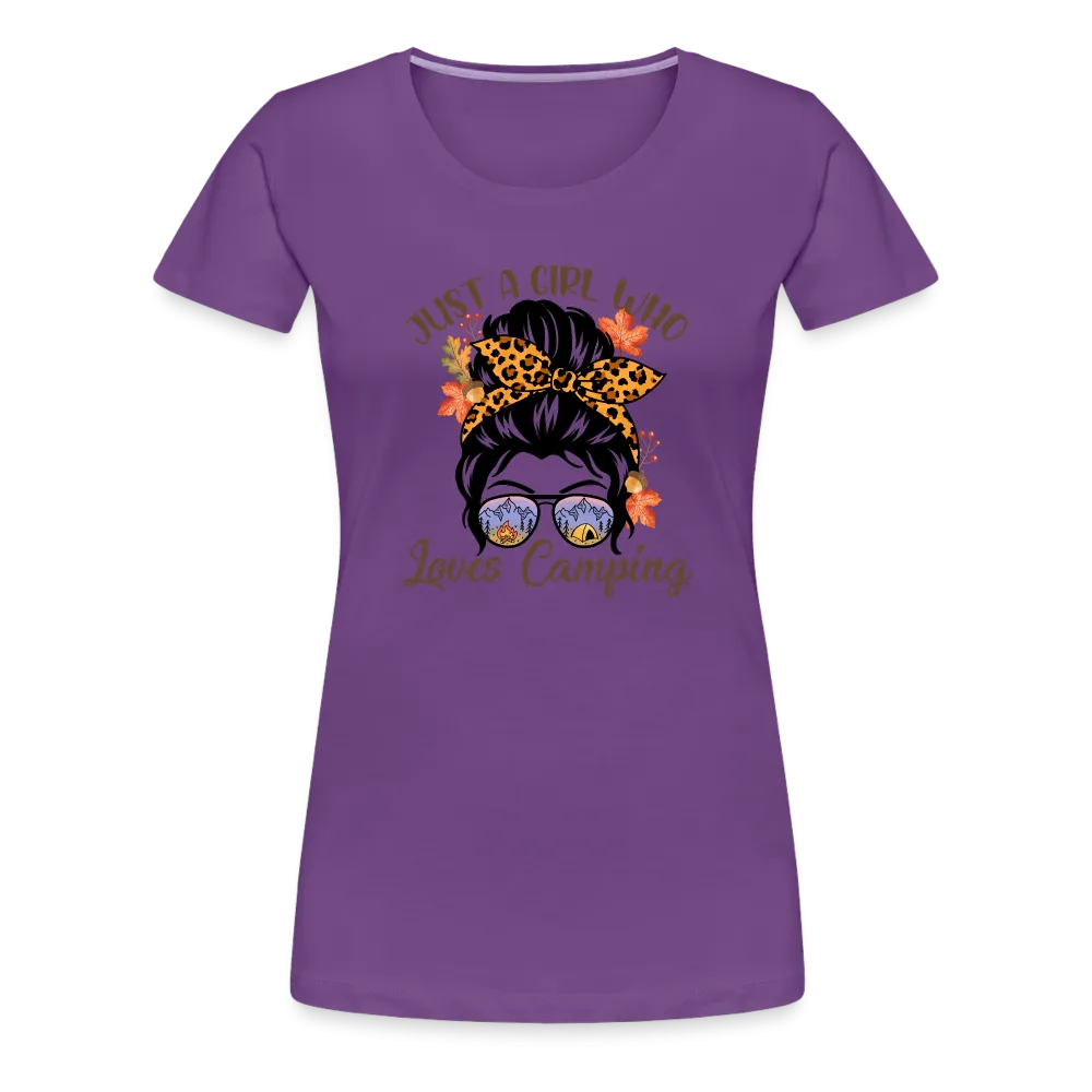 OutdoorWhirl: 'Just a Girl Who Loves Camping' Women's T-Shirt for Nature Enthusiasts