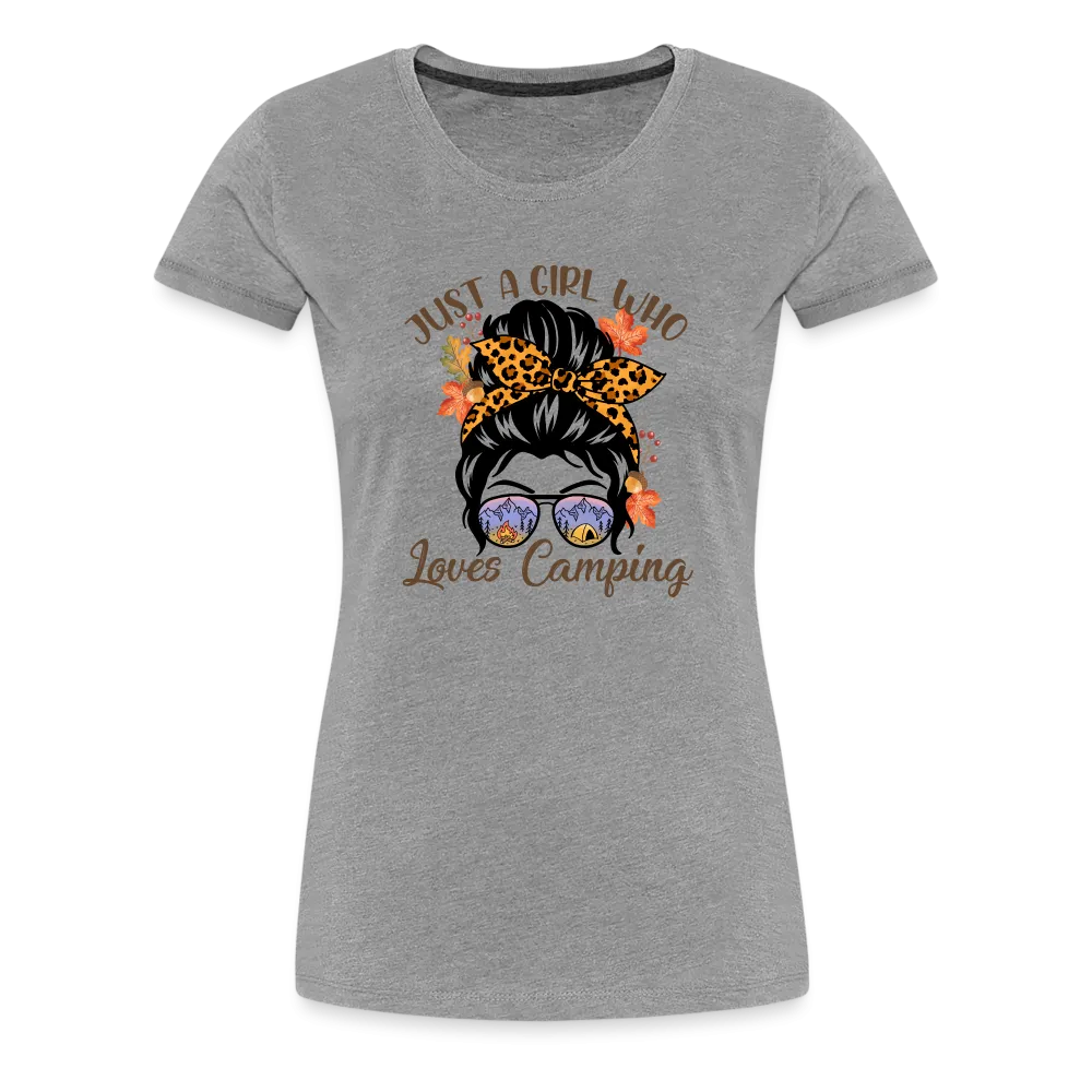 OutdoorWhirl: 'Just a Girl Who Loves Camping' Women's T-Shirt for Nature Enthusiasts