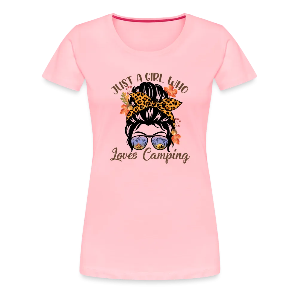 OutdoorWhirl: 'Just a Girl Who Loves Camping' Women's T-Shirt for Nature Enthusiasts