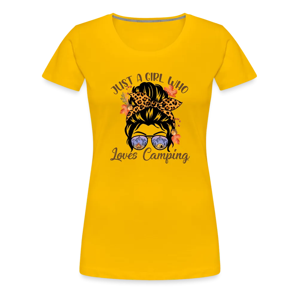 OutdoorWhirl: 'Just a Girl Who Loves Camping' Women's T-Shirt for Nature Enthusiasts