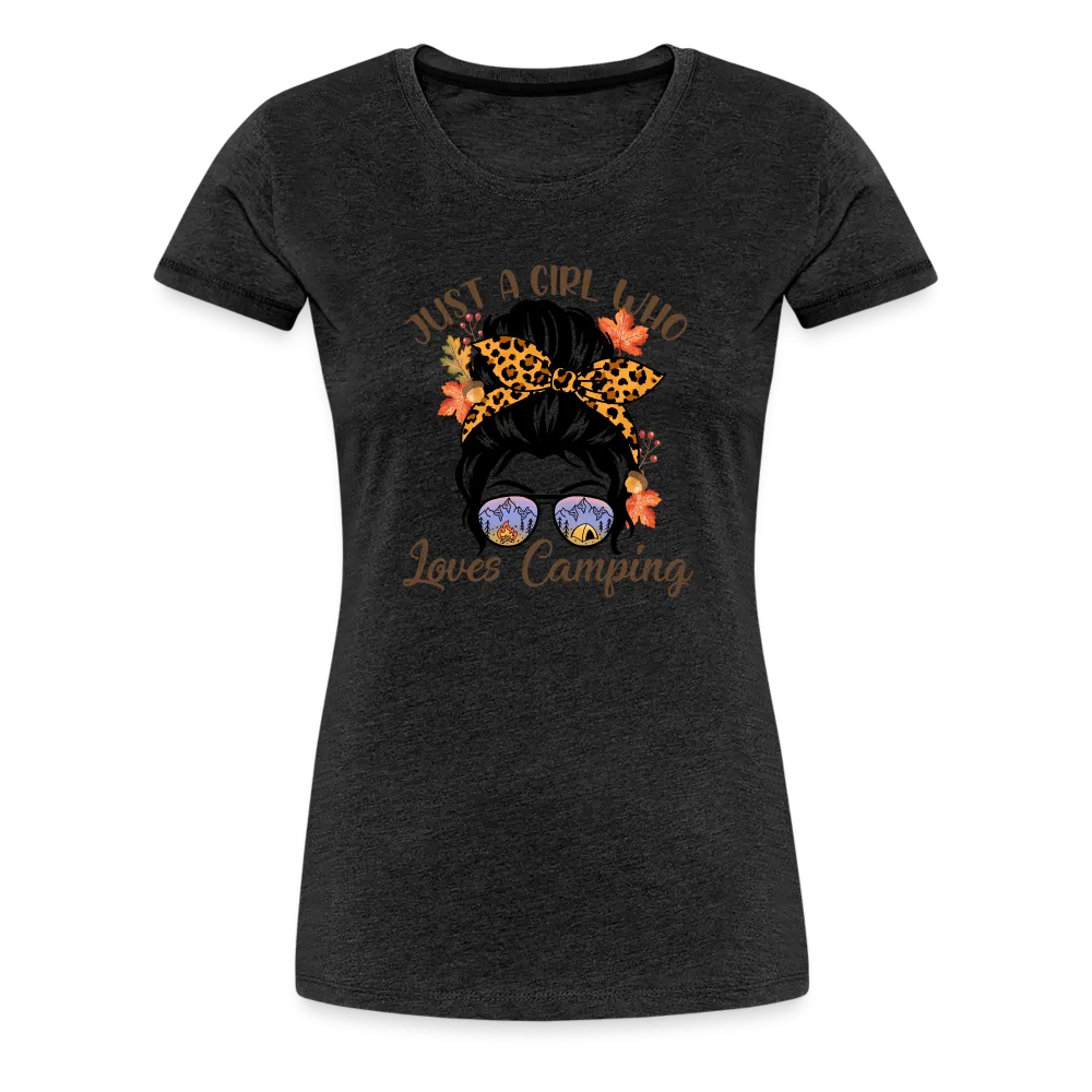 OutdoorWhirl: 'Just a Girl Who Loves Camping' Women's T-Shirt for Nature Enthusiasts