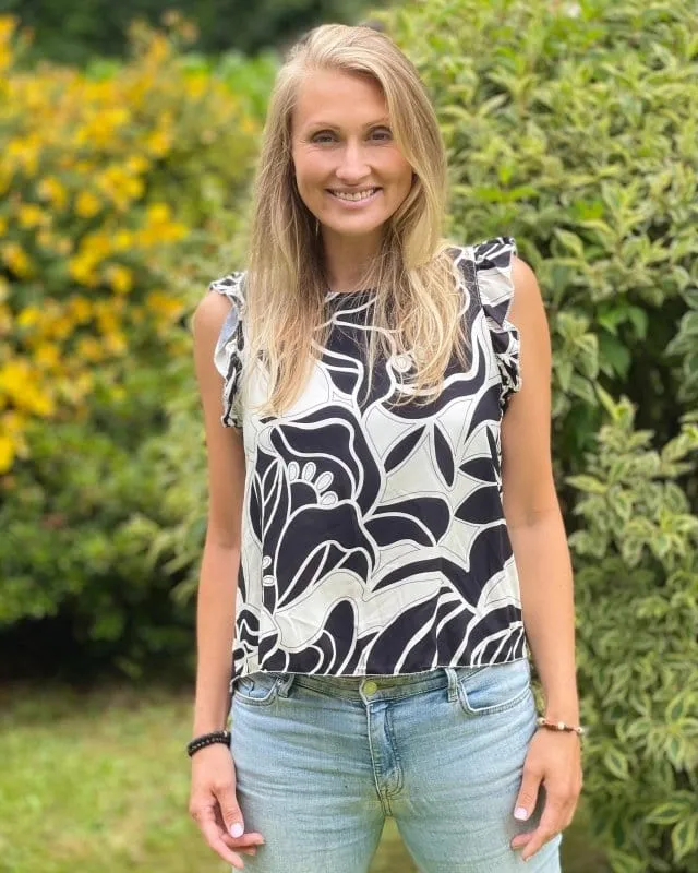 Retro Flower Printed Top - Black & White