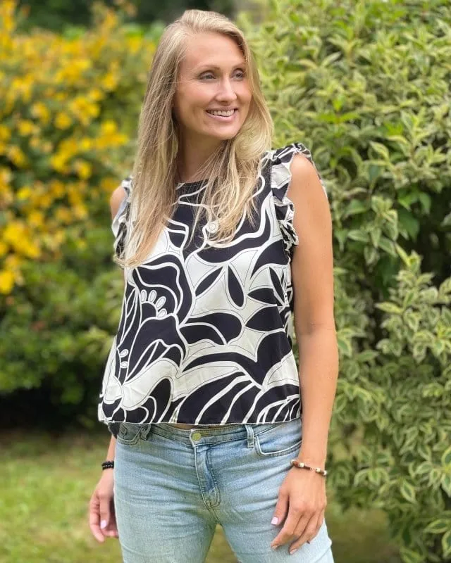 Retro Flower Printed Top - Black & White