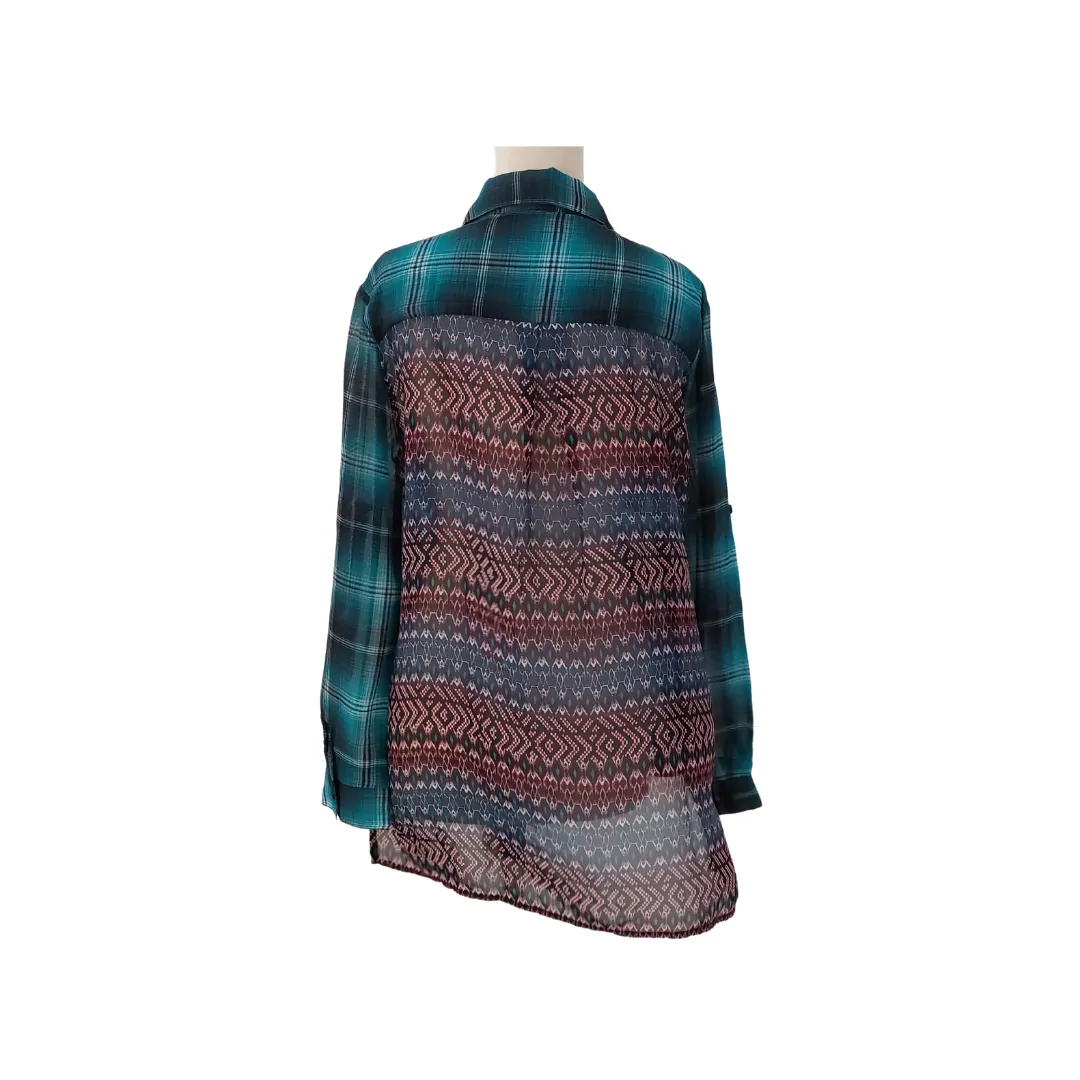 Xhileration Green Checked Printed Sheer Collared Shirt | Like New |