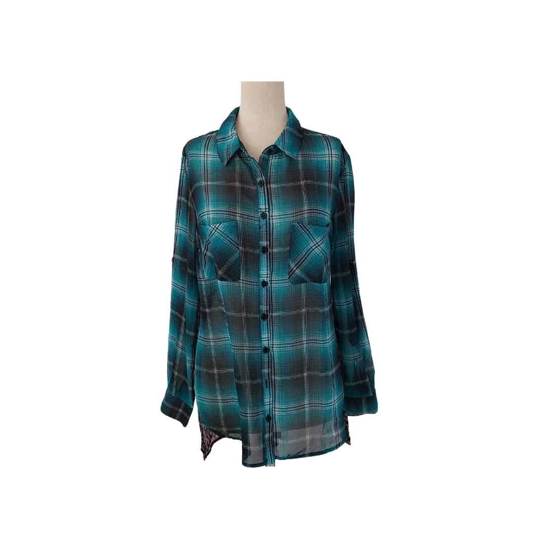 Xhileration Green Checked Printed Sheer Collared Shirt | Like New |